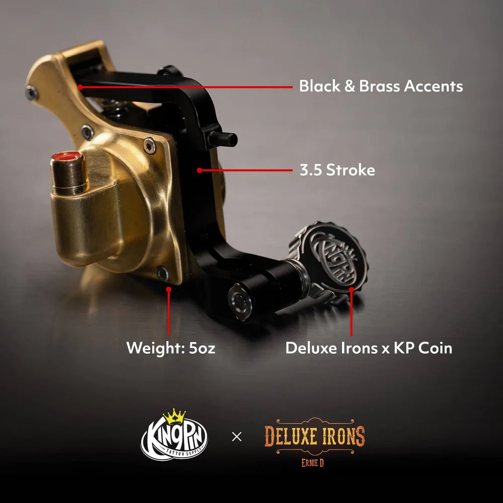 Kingpin Aria Deluxe Rotary Machine – 3.5mm stroke – Aluminum & Brass with labeling Kingpin Aria Deluxe Rotary Machine - 3.5mm stroke - Aluminum & Brass with labeling