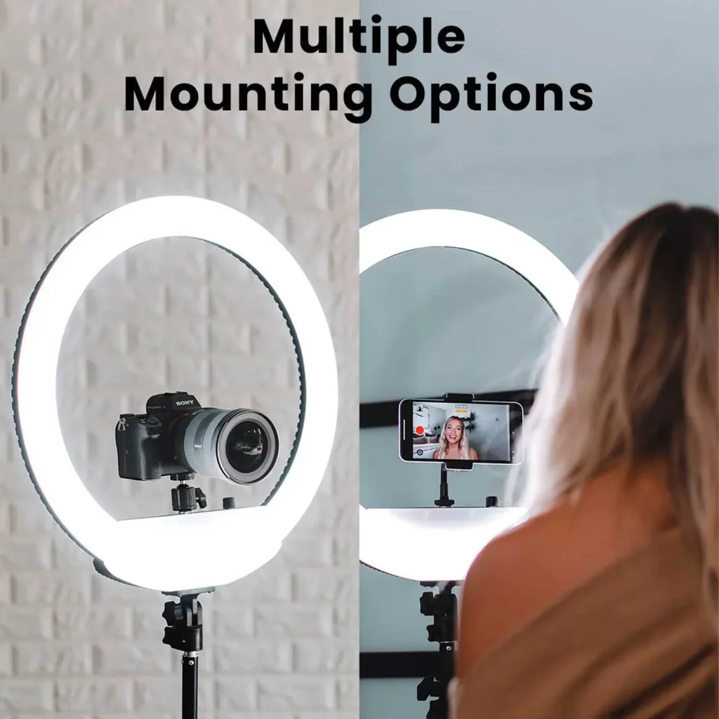 a woman using the Ring Light 18" Portable LED Ring Light with Stand LUME CUBE
