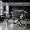 Tattoo studio furniture including adjustable client chairs, artist stools, portable tables, arm rests, and professional lighting.