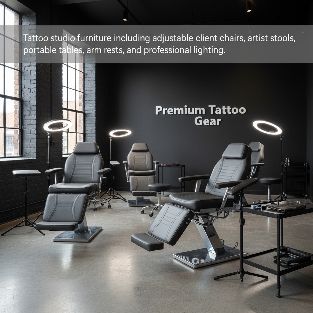 Tattoo studio furniture including adjustable client chairs, artist stools, portable tables, arm rests, and professional lighting.
