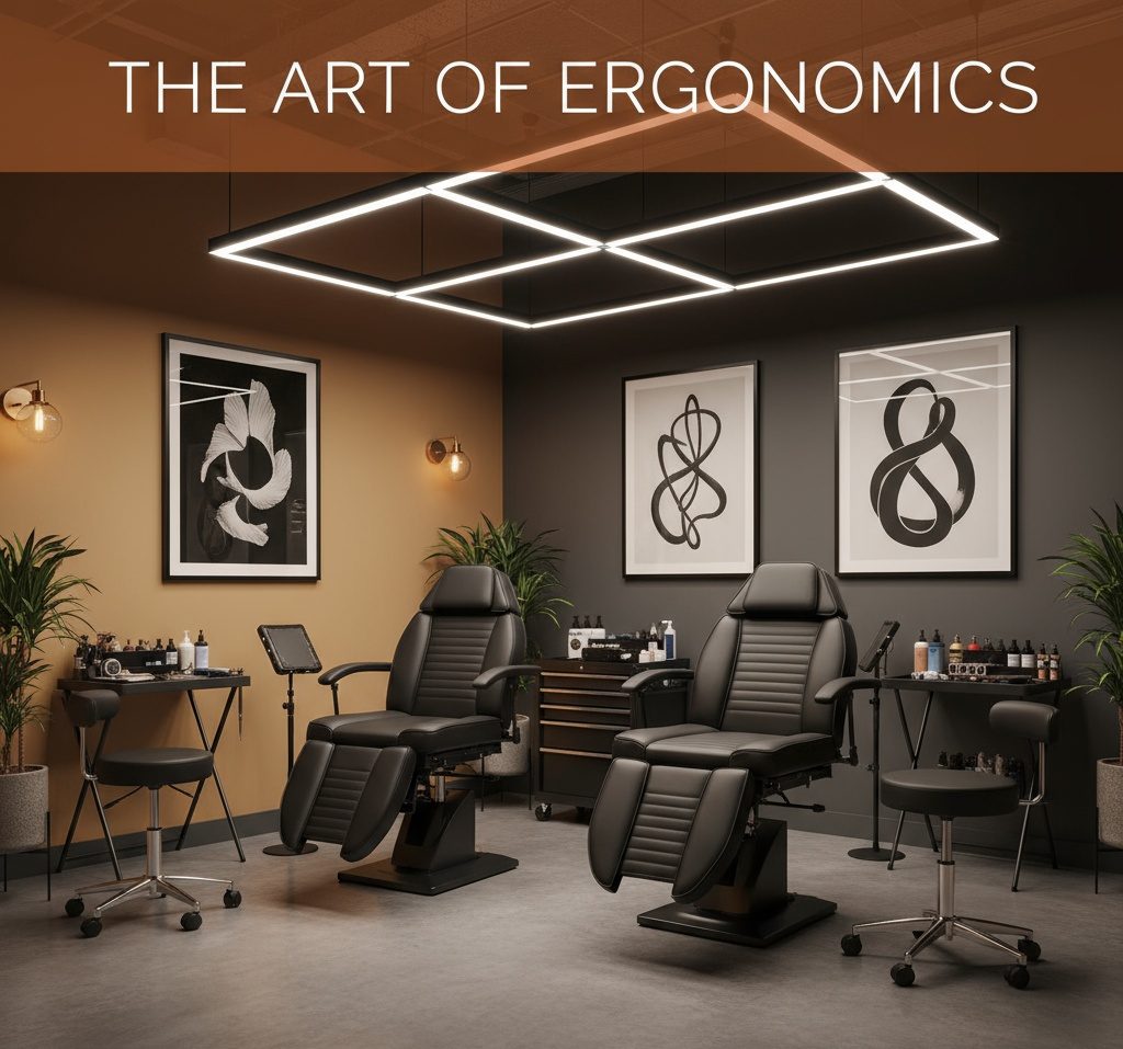 Tattoo studio furniture including adjustable client chairs, artist stools, portable tables, arm rests, and professional lighting. 2